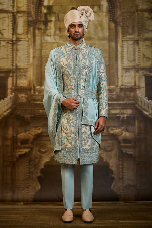 AQUA BROCADE SHERWANI DORI WORK