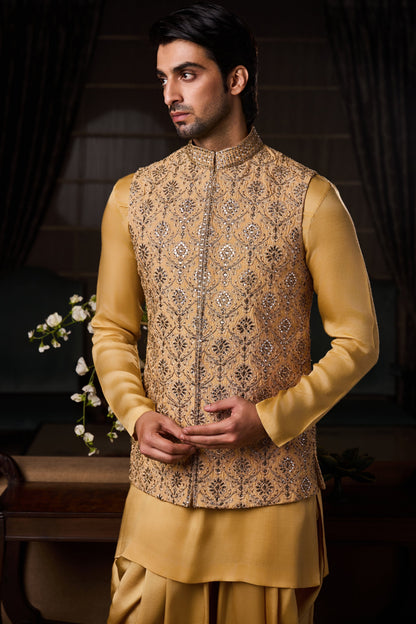 Gold Bundi Jacket Beige Kurta Churidar Set