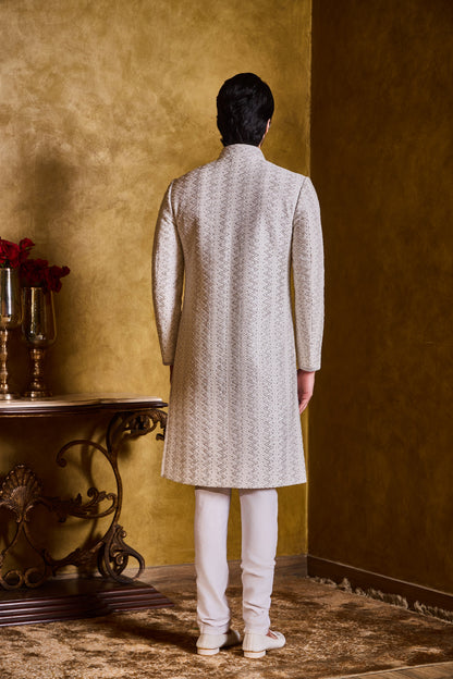 Ivory Sherwani Zig Zag Pattern Silver Work Set
