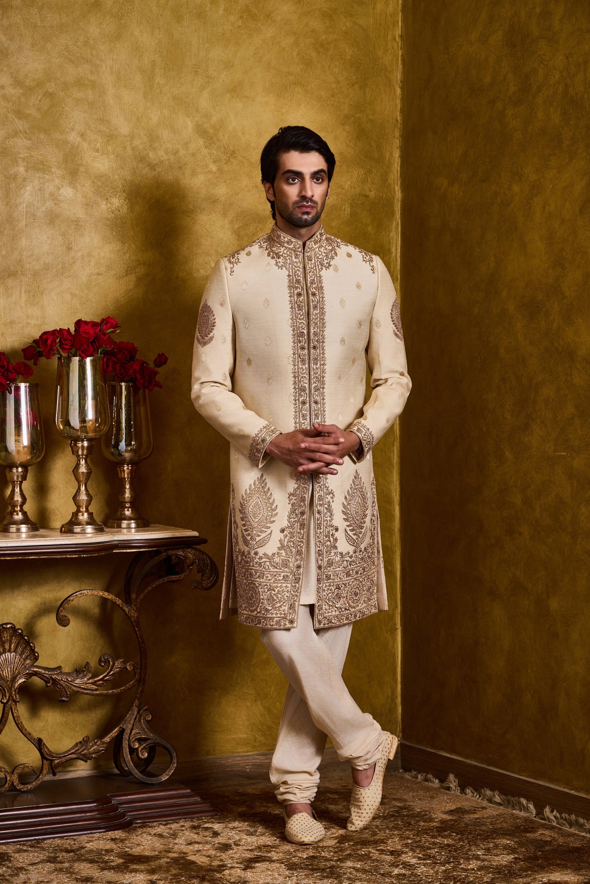 Beige Monga Banarasi Booti Sherwani Set