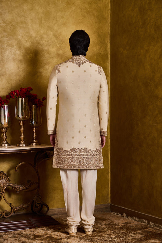 Beige Monga Banarasi Booti Sherwani Set