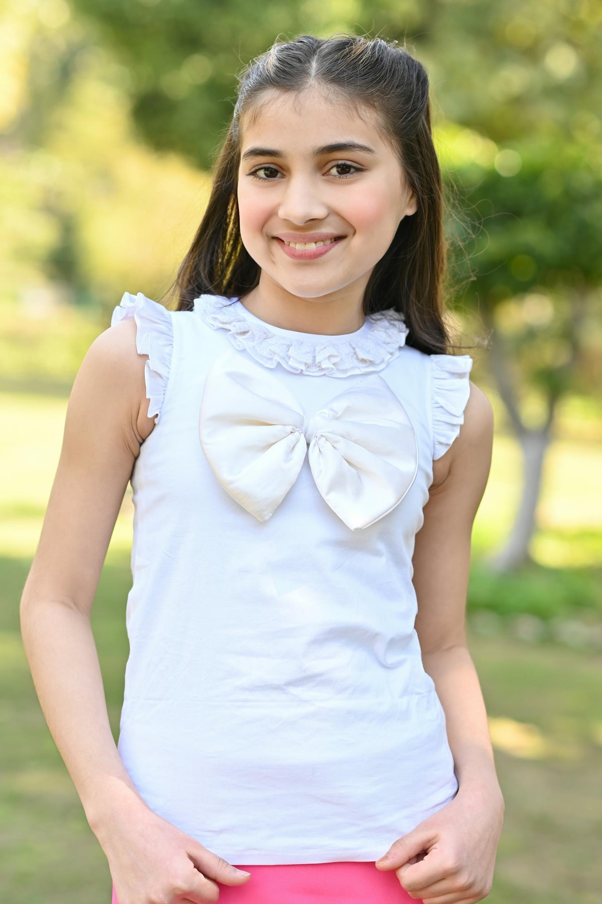 WHITE BOW TOP & HOT PINK SKORT SET