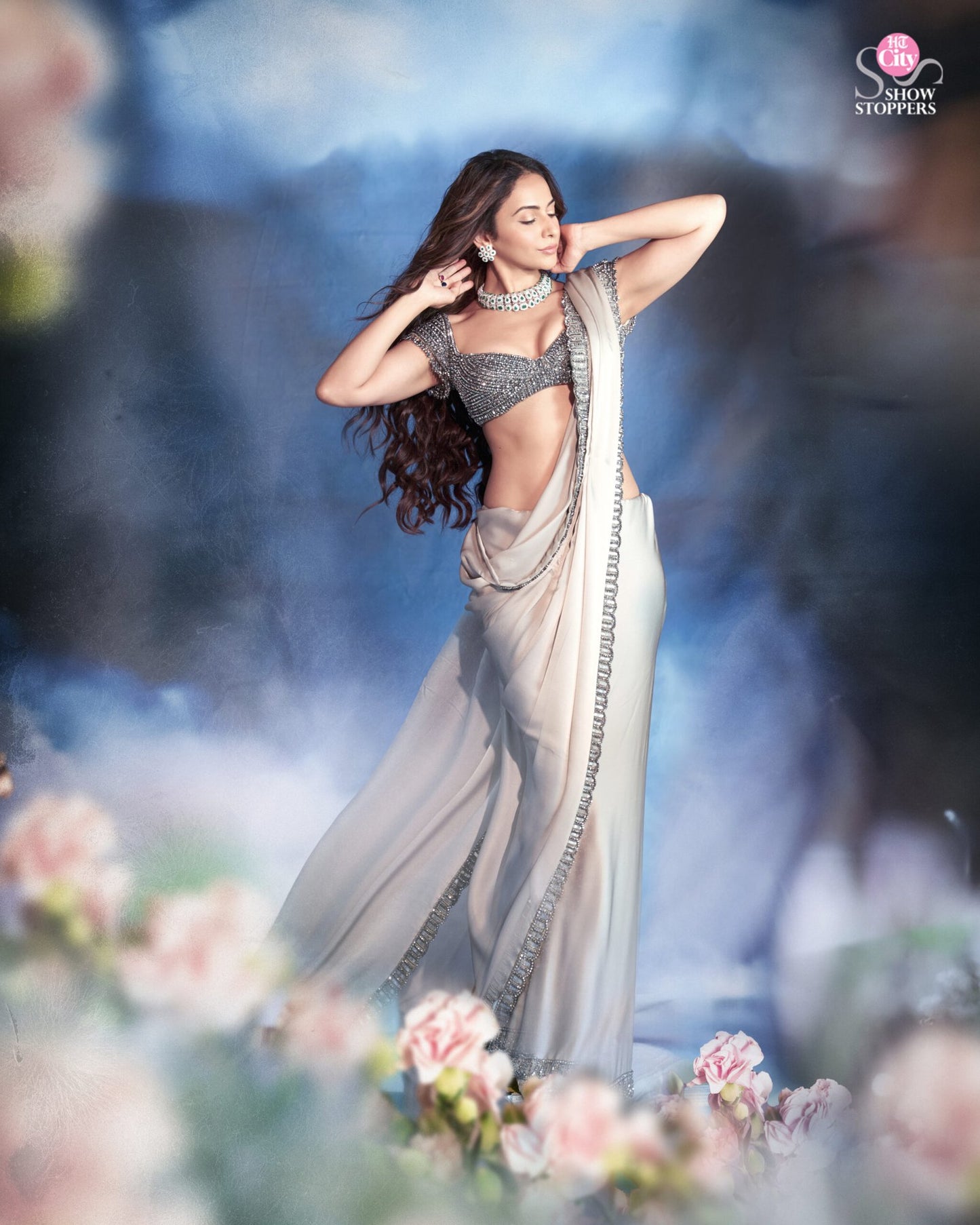 Crystal Grey Satin Saree Set (RAKULPREET SINGH)