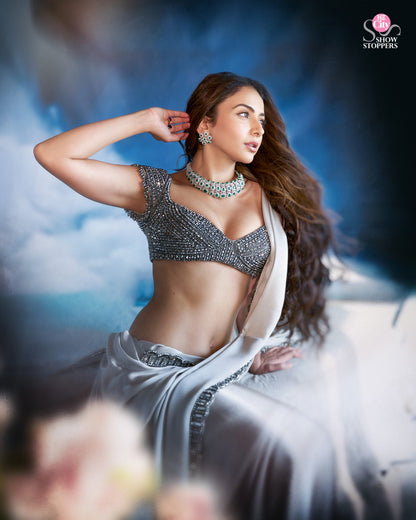 Crystal Grey Satin Saree Set (RAKULPREET SINGH)
