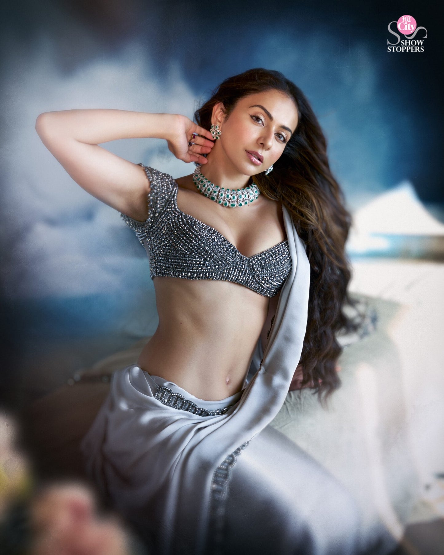 Crystal Grey Satin Saree Set (RAKULPREET SINGH)