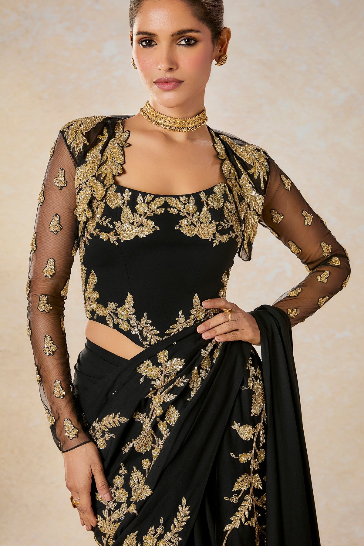 The Sunheri Bel Stitched Saree