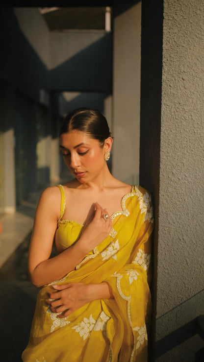 Upalina Gupta in Moss Green Flower Saree Set