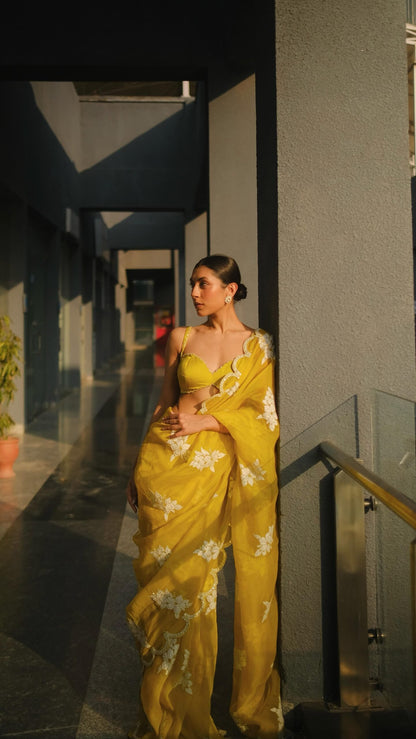 Upalina Gupta in Moss Green Flower Saree Set