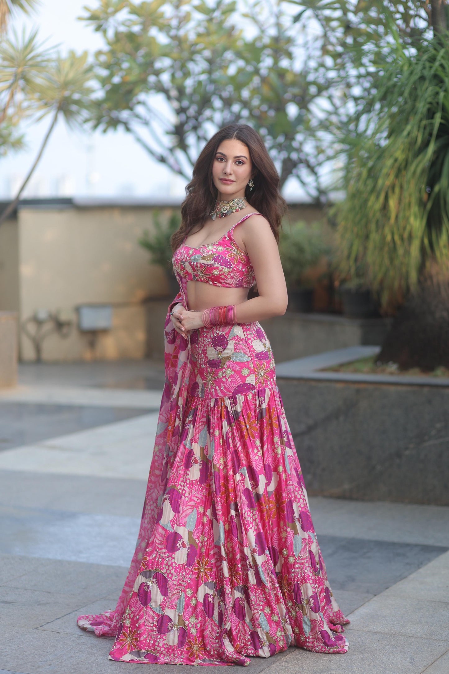 Amyra Dastur in Fuschia Floral Lehenga With Blouse And Dupatta- EC-GC-EG24-29- PinkPurple
