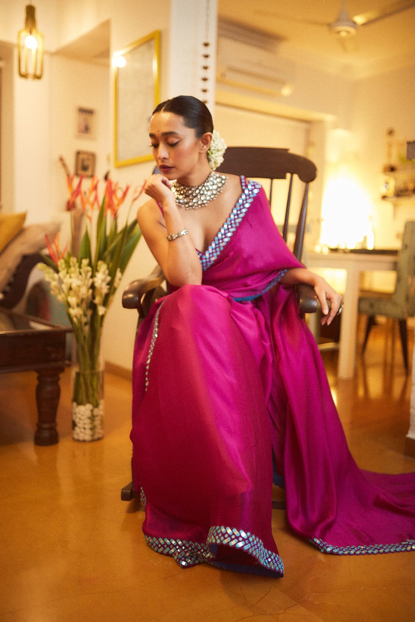 SAYANI GUPTA In Chahak Pop Wine Satin Chiffon Saree Set