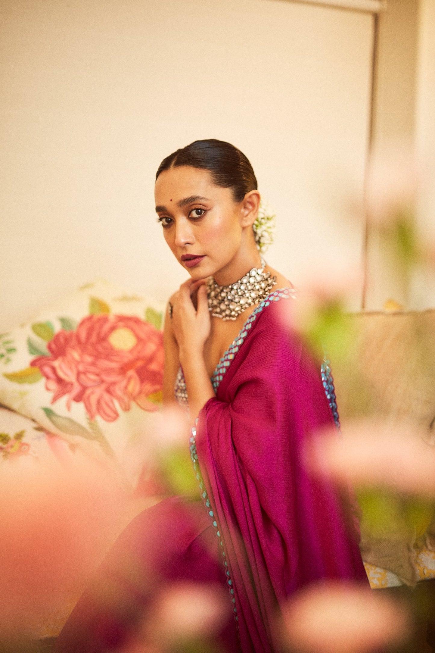 SAYANI GUPTA In Chahak Pop Wine Satin Chiffon Saree Set