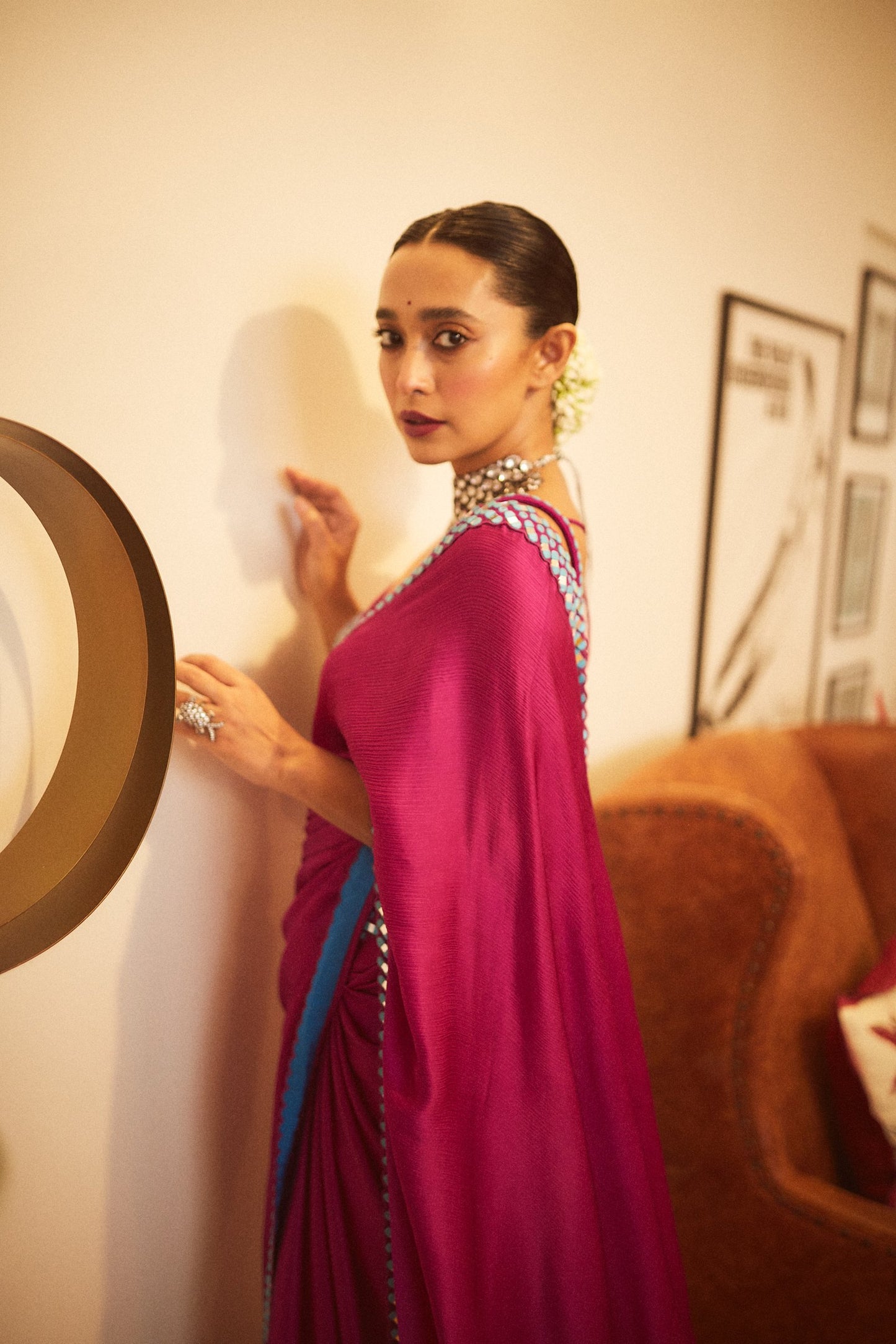 SAYANI GUPTA In Chahak Pop Wine Satin Chiffon Saree Set