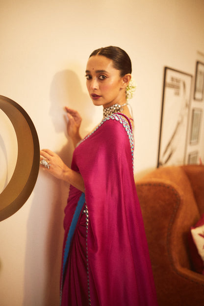 SAYANI GUPTA In Chahak Pop Wine Satin Chiffon Saree Set
