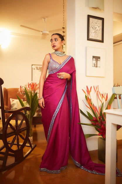 SAYANI GUPTA In Chahak Pop Wine Satin Chiffon Saree Set