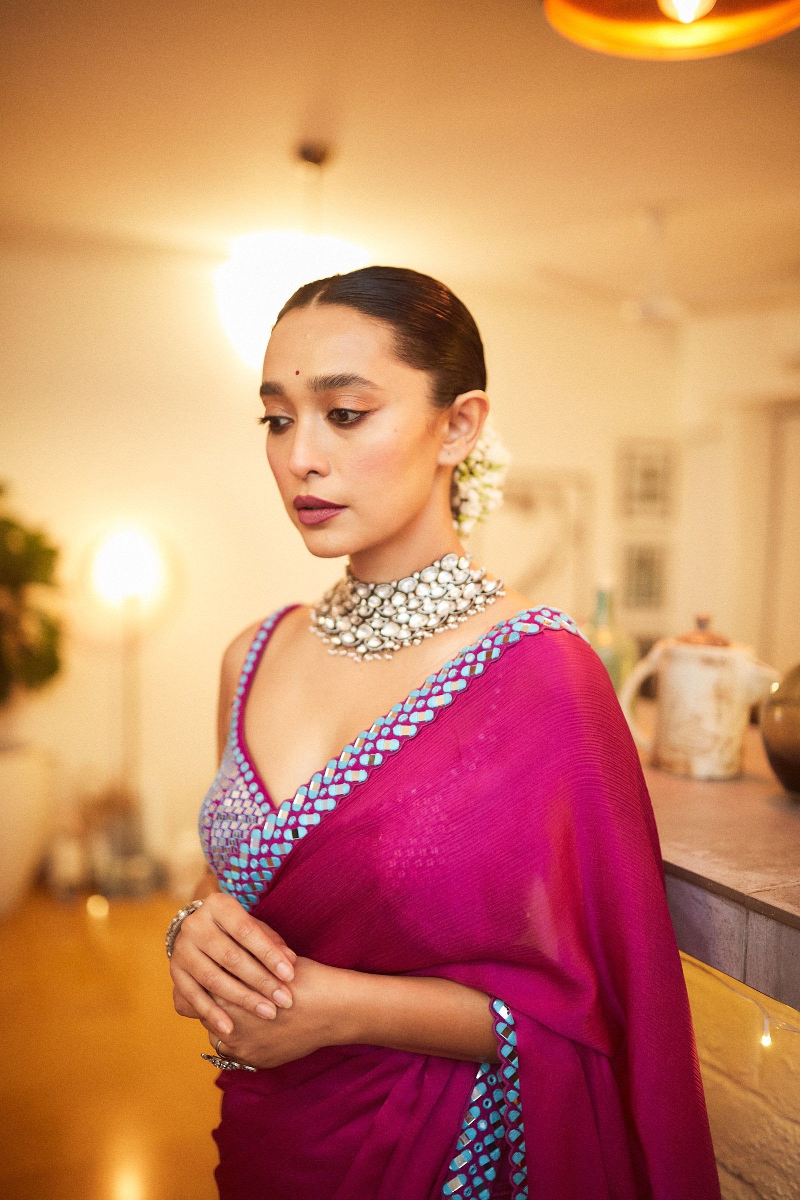 SAYANI GUPTA In Chahak Pop Wine Satin Chiffon Saree Set
