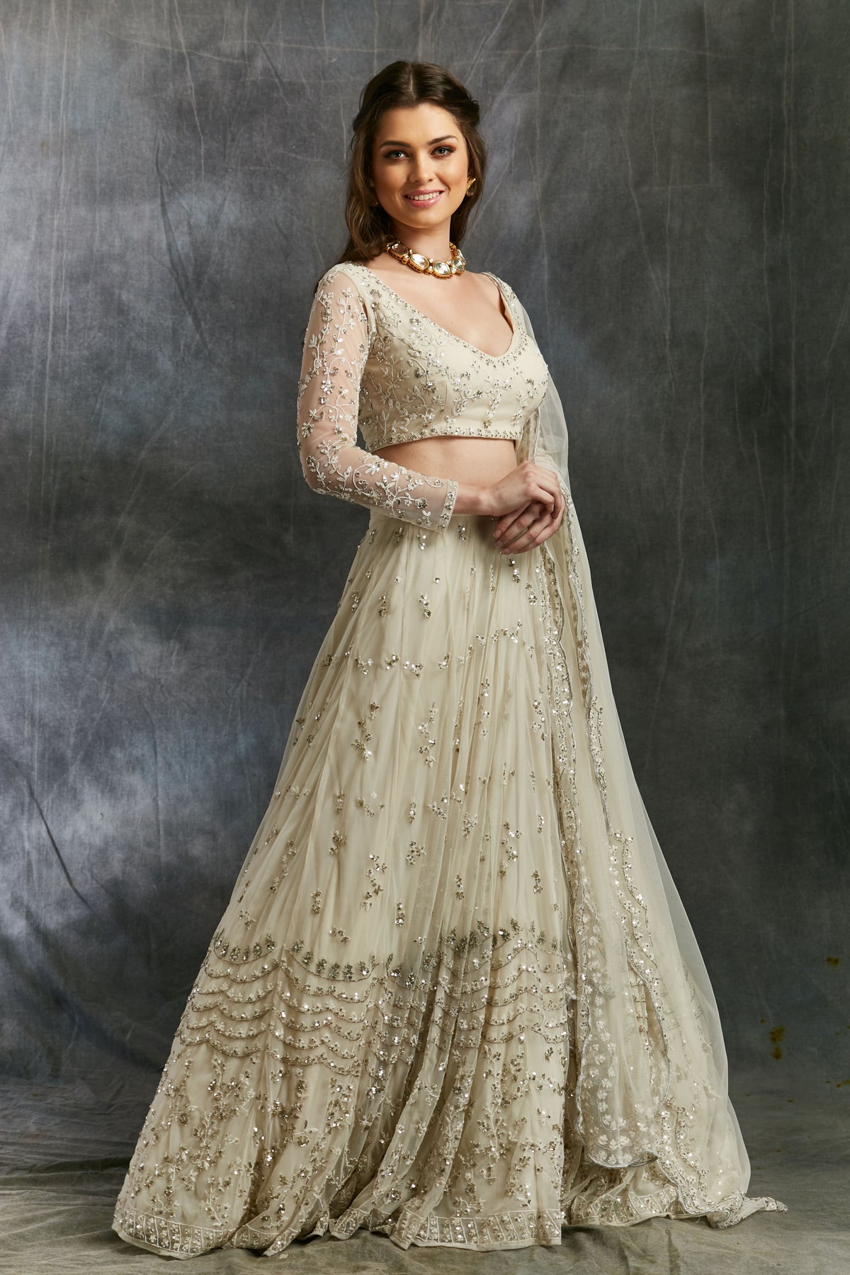 White And Silver Sequin Lehenga