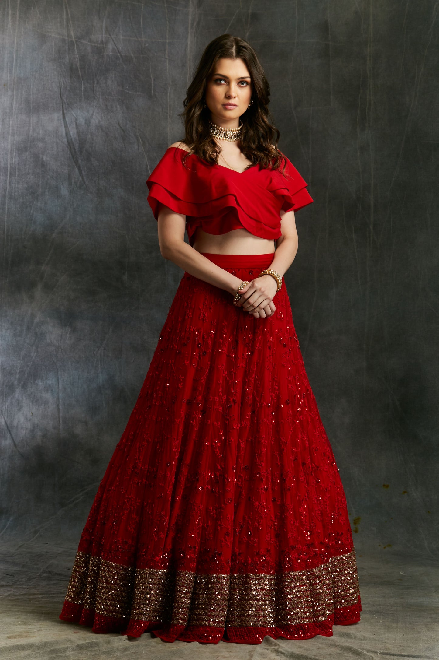 Off Shoulder Crop Top With Red Embroidered Lehenga