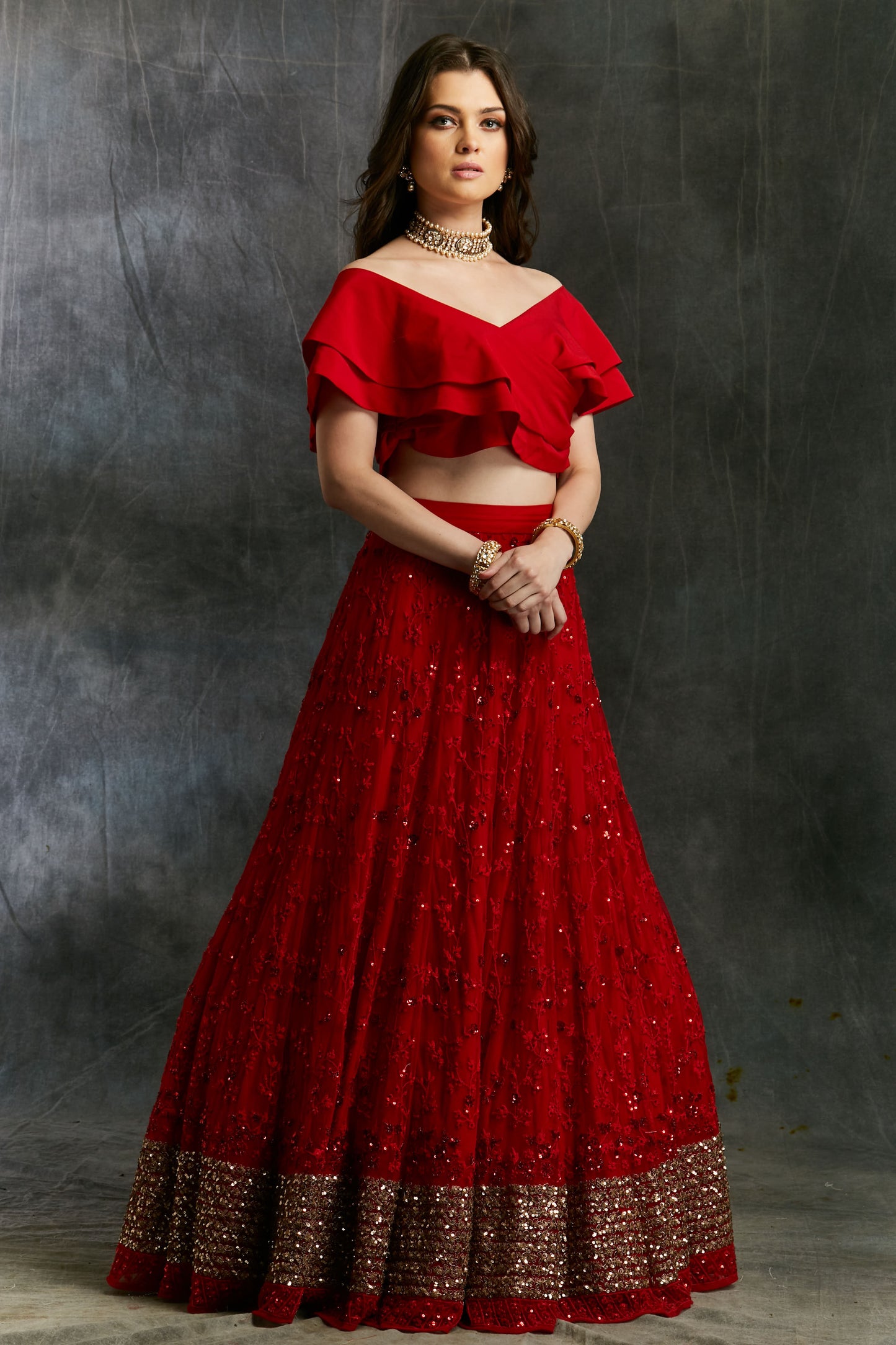 Off Shoulder Crop Top With Red Embroidered Lehenga