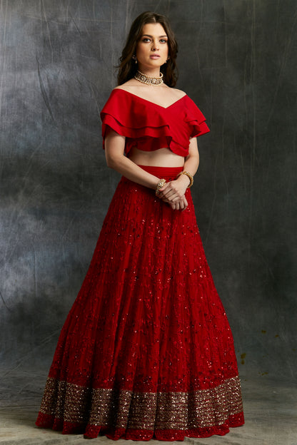 Off Shoulder Crop Top With Red Embroidered Lehenga