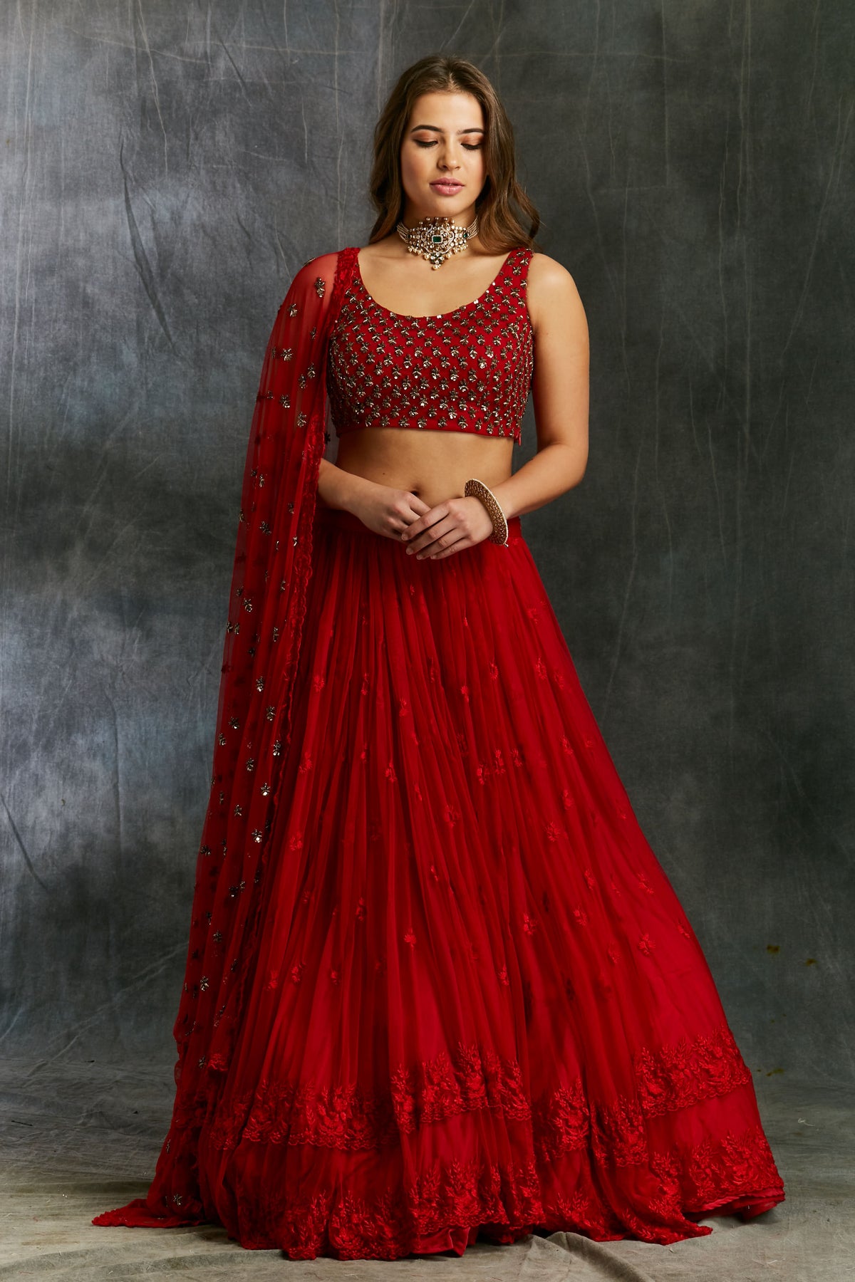 Red Threadwork Lehenga With Embellished Choli