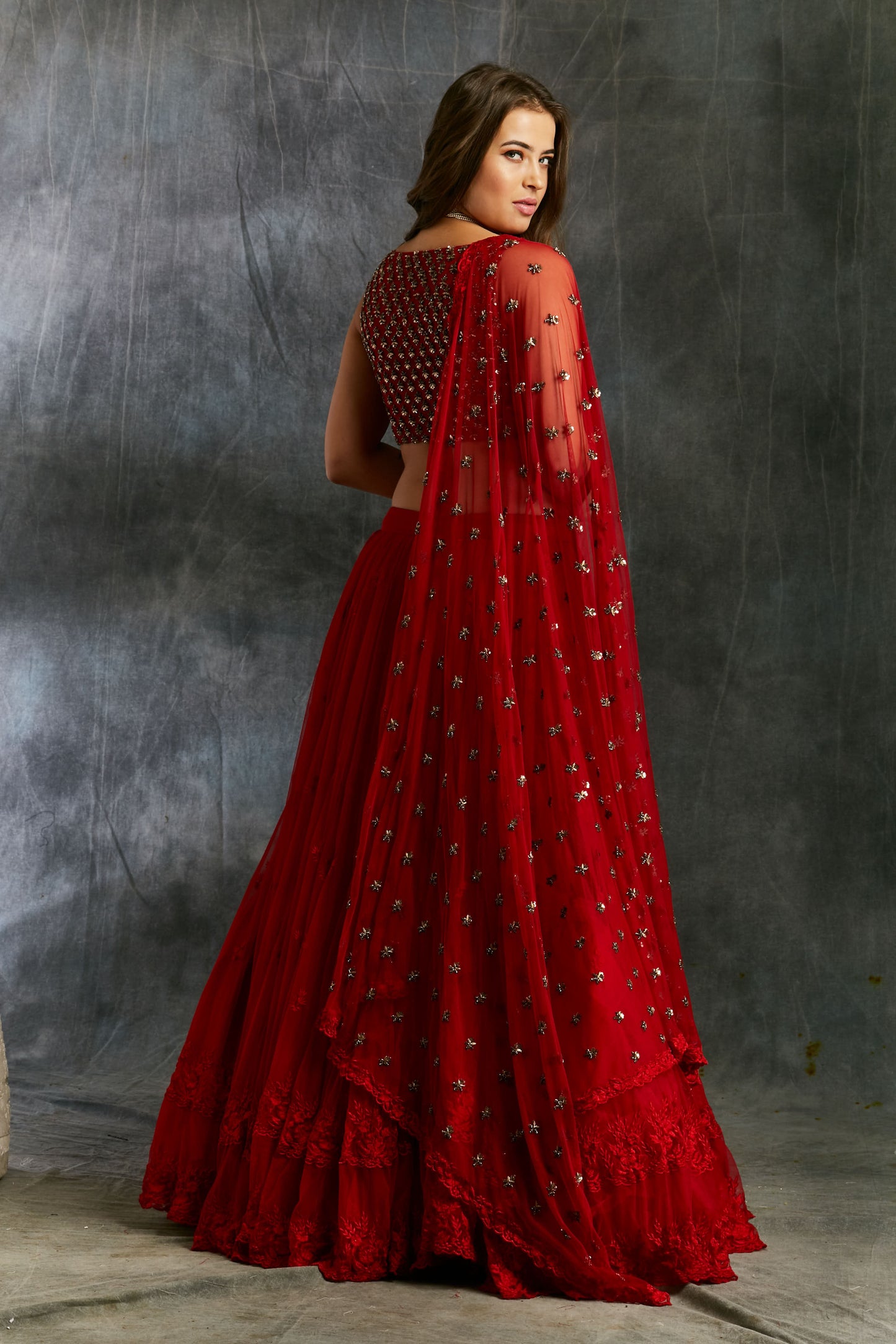 Red Threadwork Lehenga With Embellished Choli