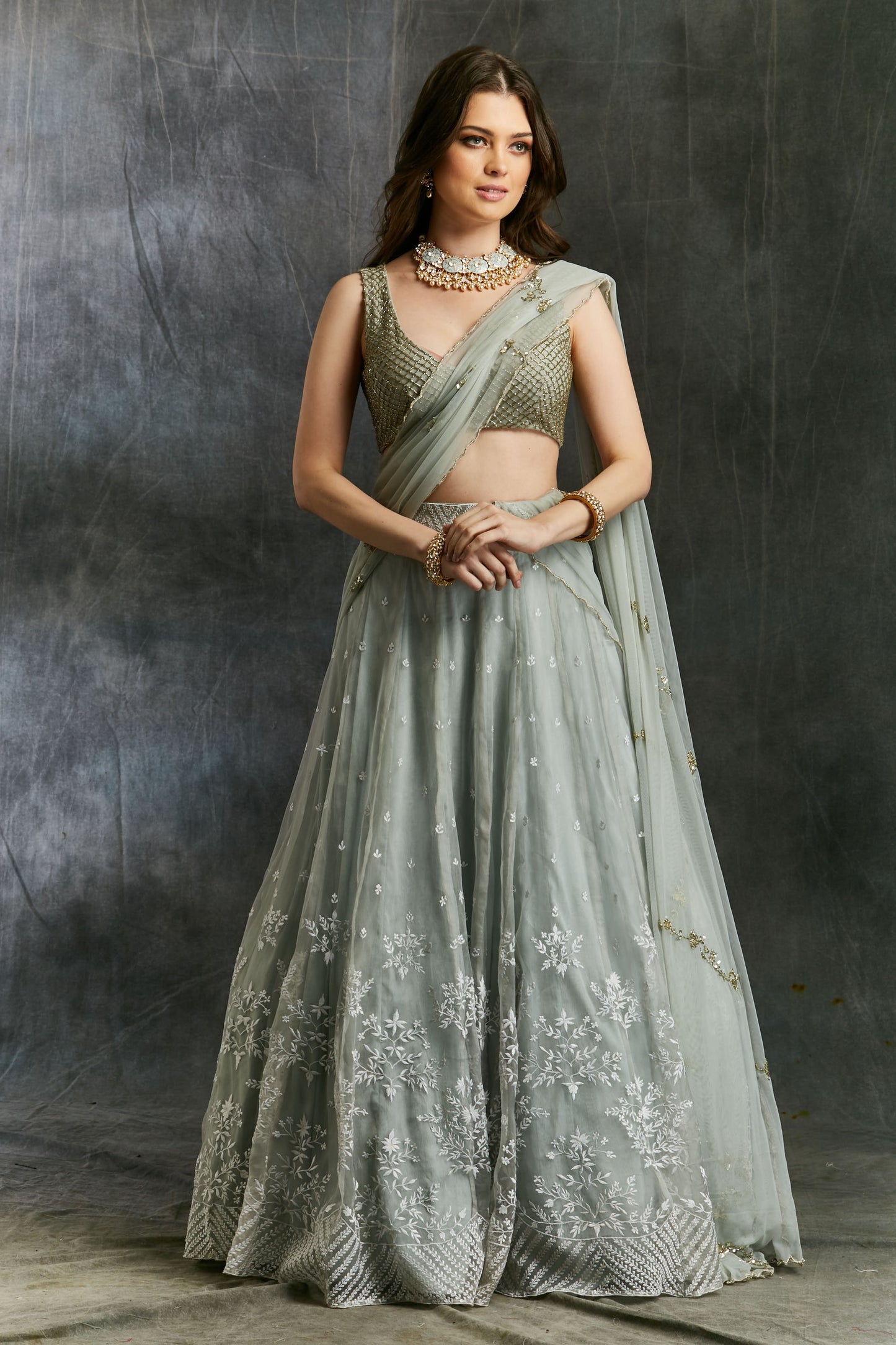 Sky Blue Organza Lehenga With White Threadwork