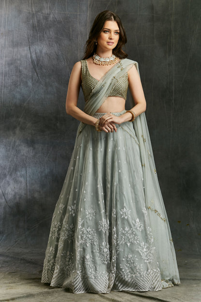 Sky Blue Organza Lehenga With White Threadwork