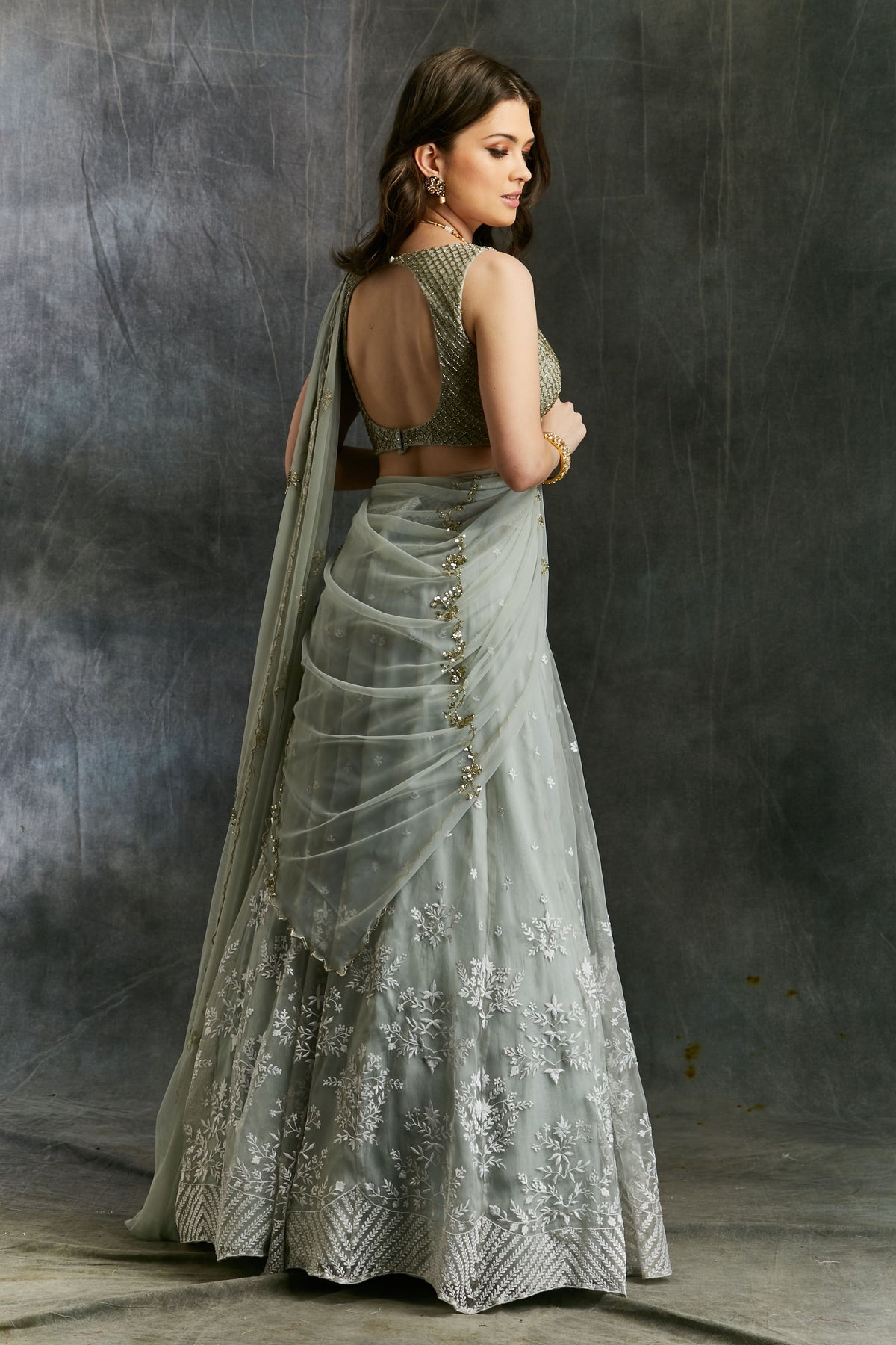 Sky Blue Organza Lehenga With White Threadwork