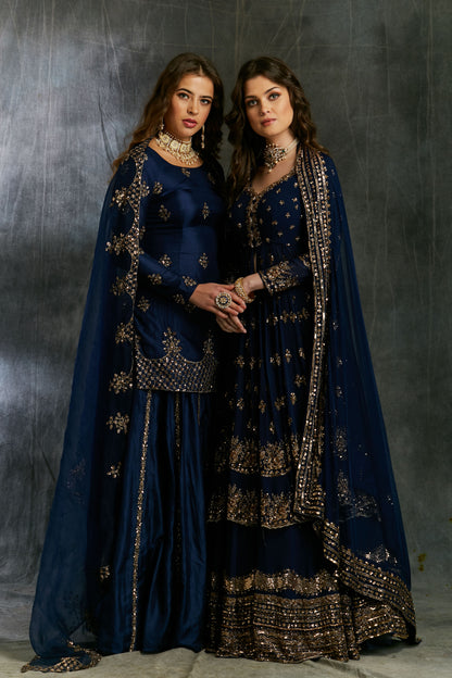 Dark Blue Gold Jacket With Border Skirt