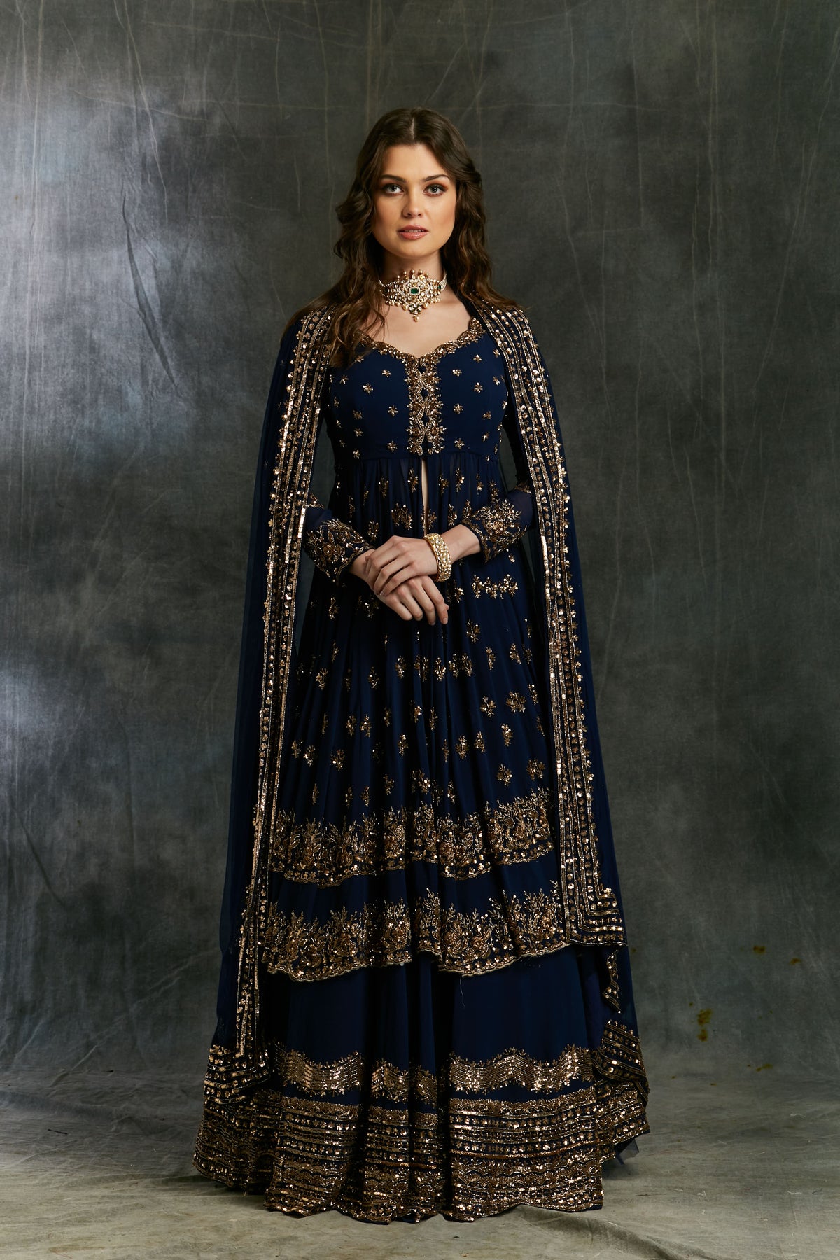 Dark Blue Gold Jacket With Border Skirt