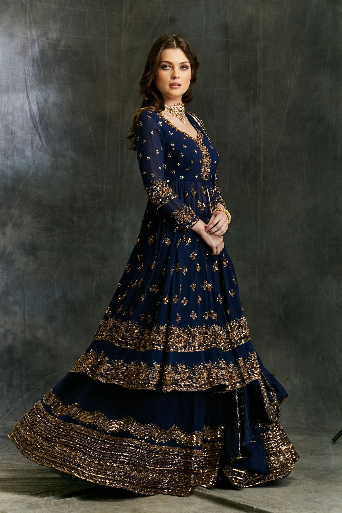 Dark Blue Gold Jacket With Border Skirt