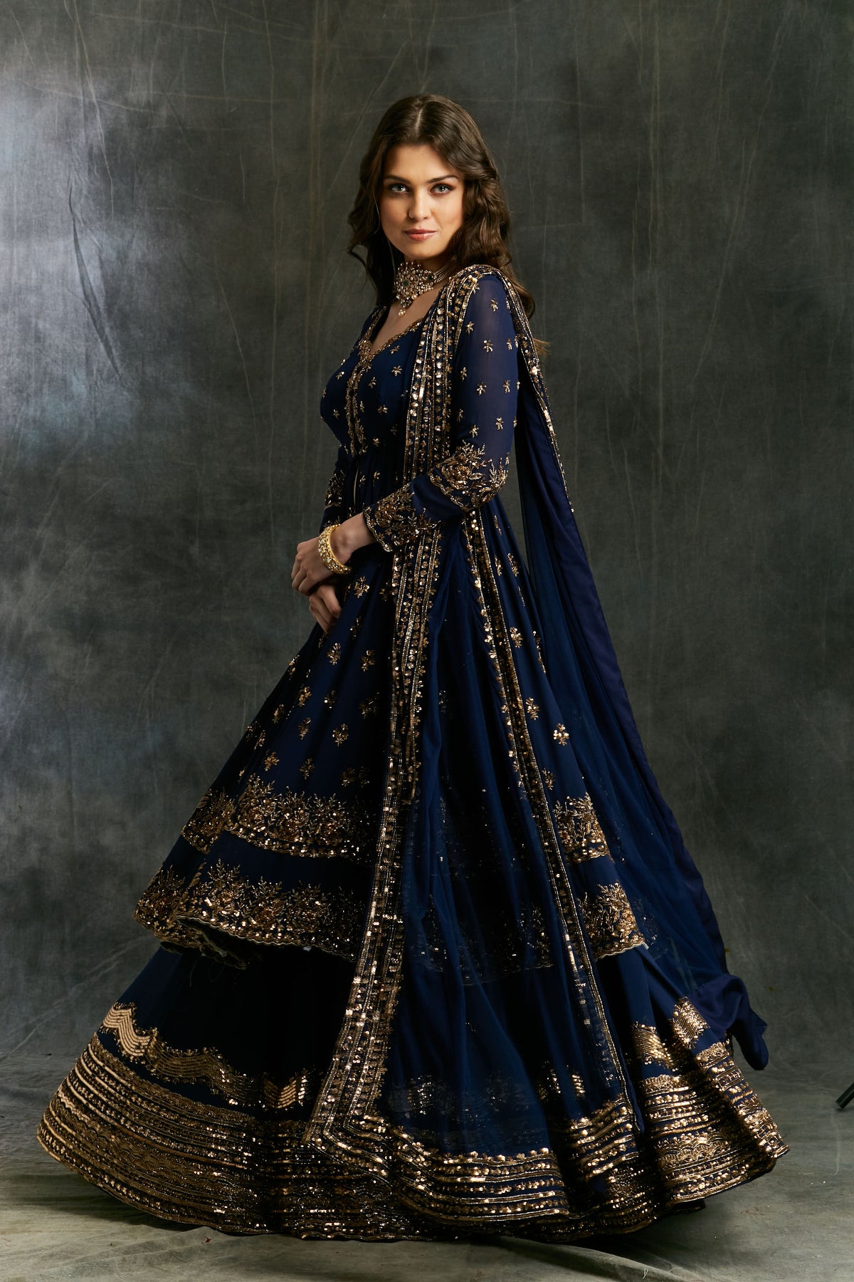 Dark Blue Gold Jacket With Border Skirt