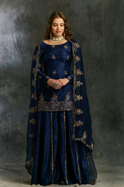 Blue Silk Sharara With Net Dupatta