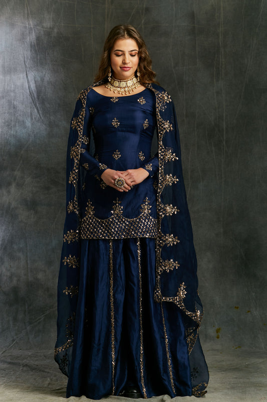Blue Silk Sharara With Net Dupatta