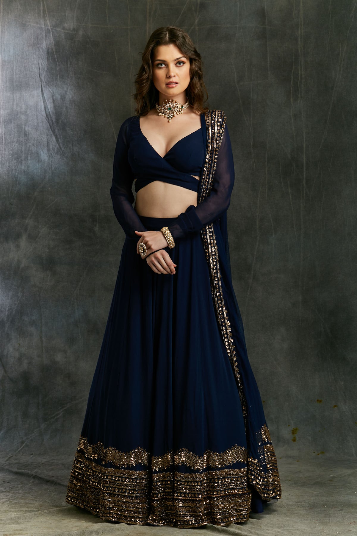 Dark Blue Wrap Blouse Georgette Lehenga