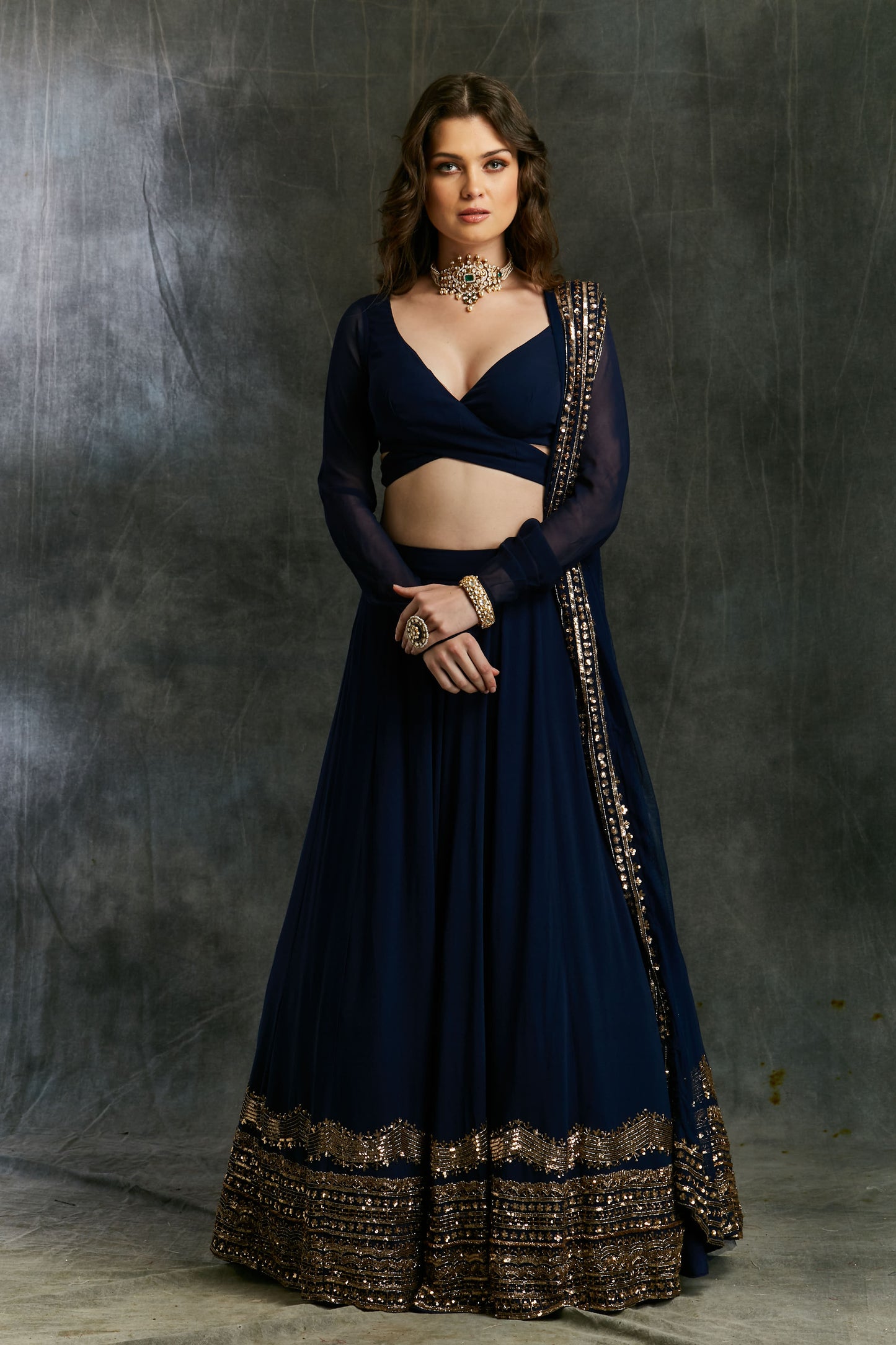 Dark Blue Wrap Blouse Georgette Lehenga