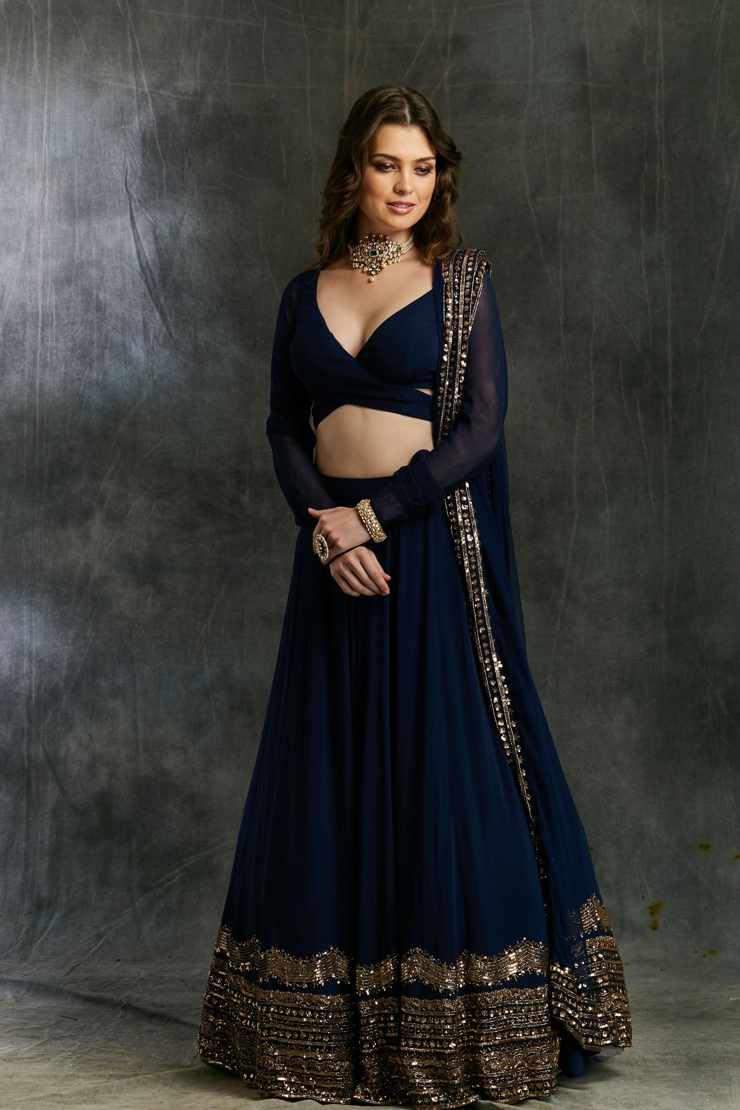 Dark Blue Wrap Blouse Georgette Lehenga