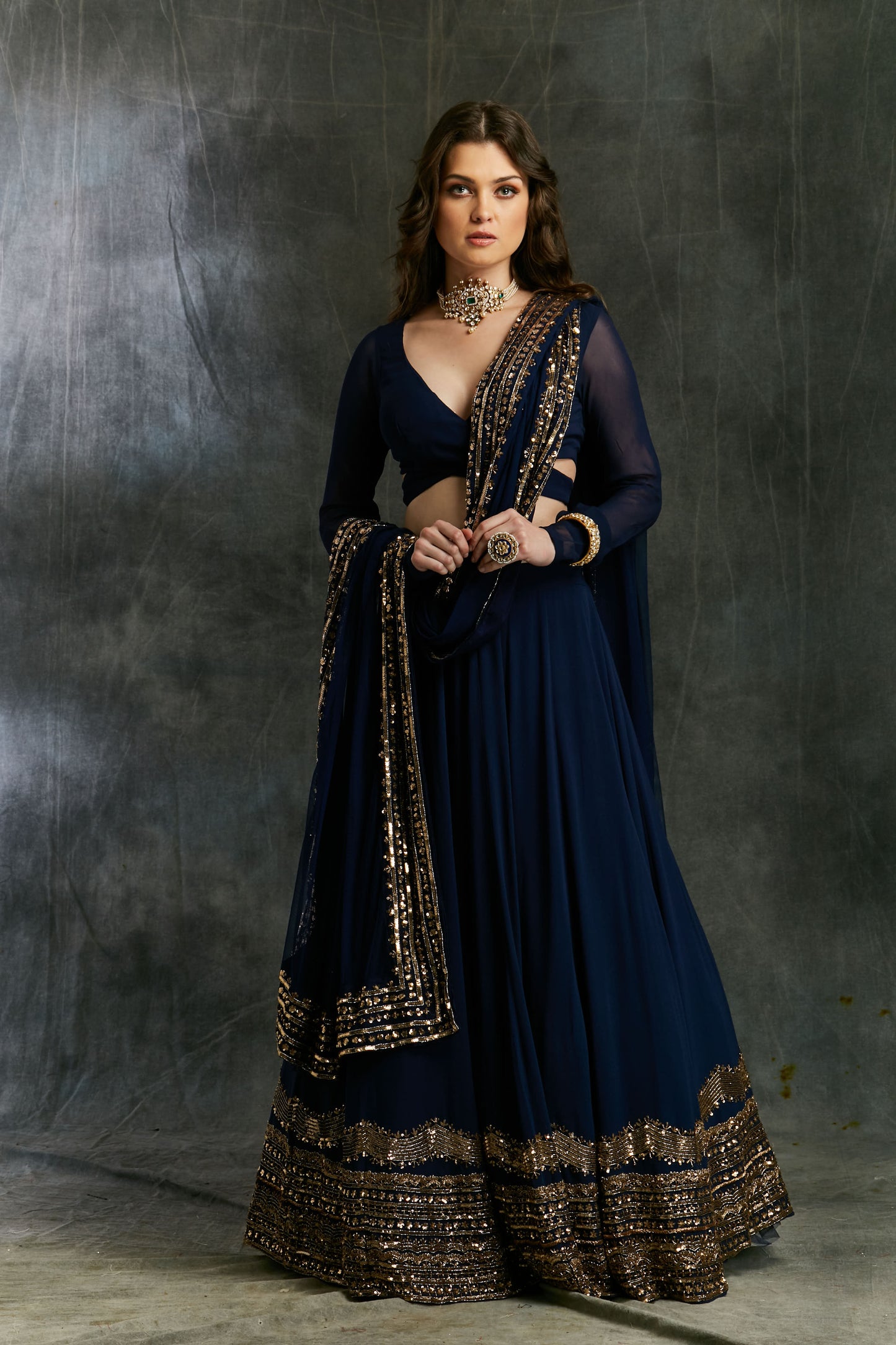 Dark Blue Wrap Blouse Georgette Lehenga