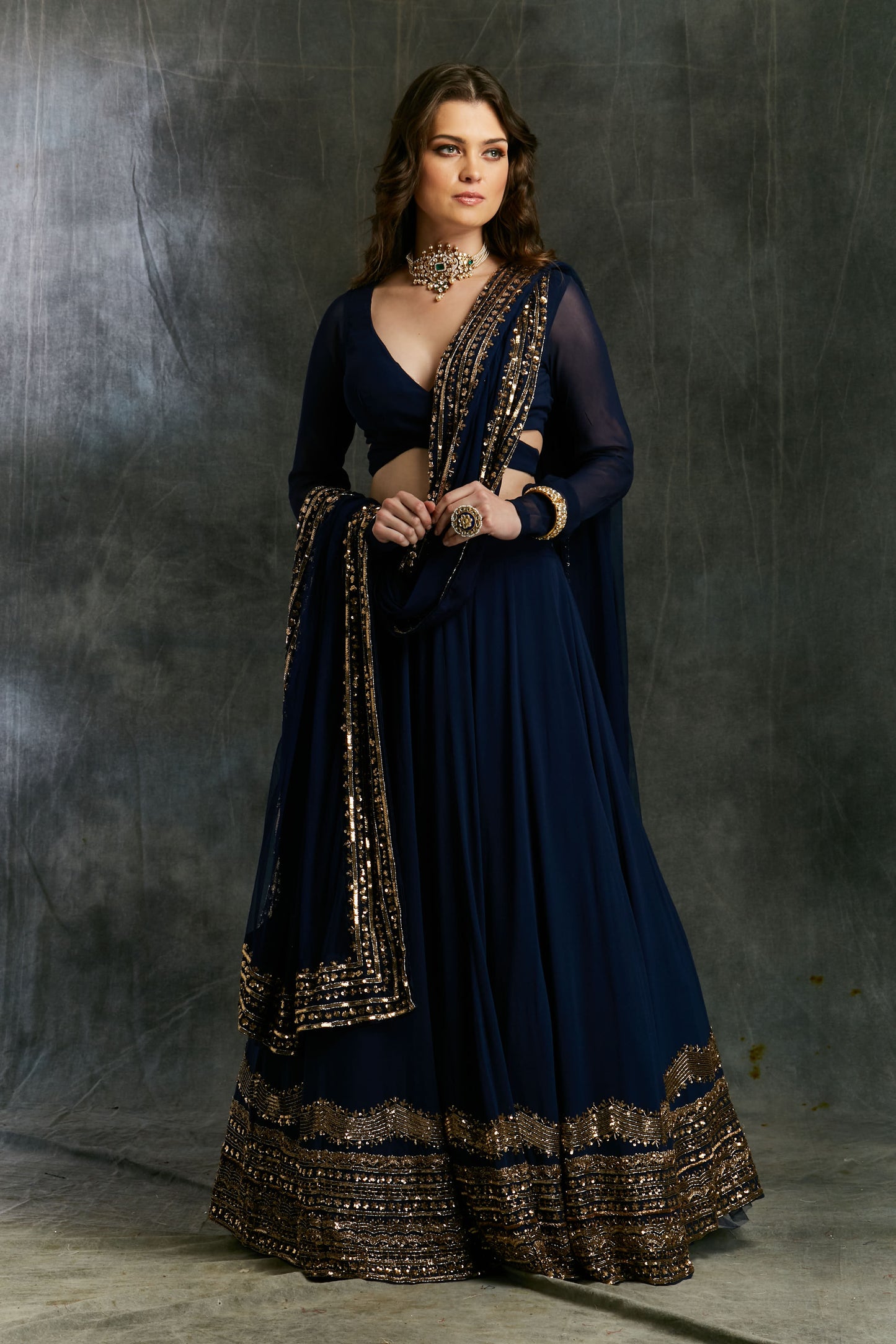 Dark Blue Wrap Blouse Georgette Lehenga