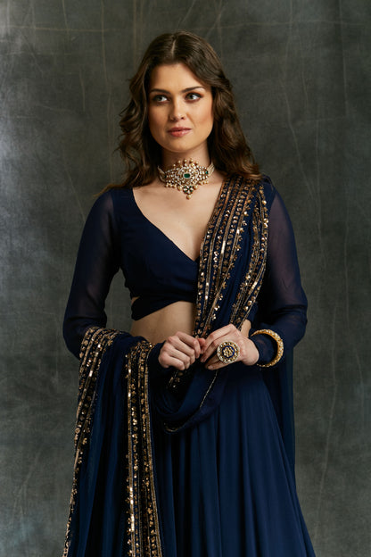 Dark Blue Wrap Blouse Georgette Lehenga