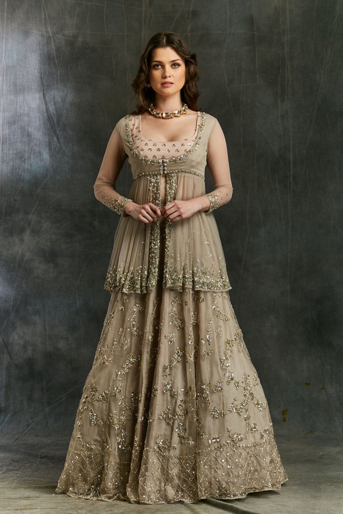 Grey Sequin Organza Lehenga With Peplum Work Blouse