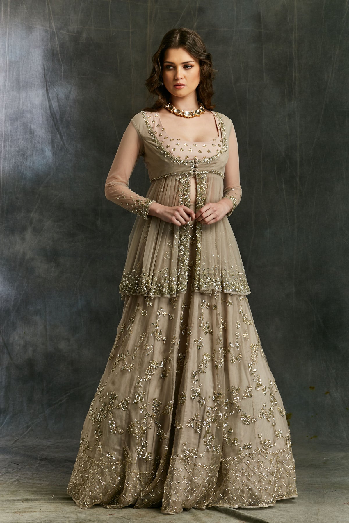 Grey Sequin Organza Lehenga With Peplum Work Blouse