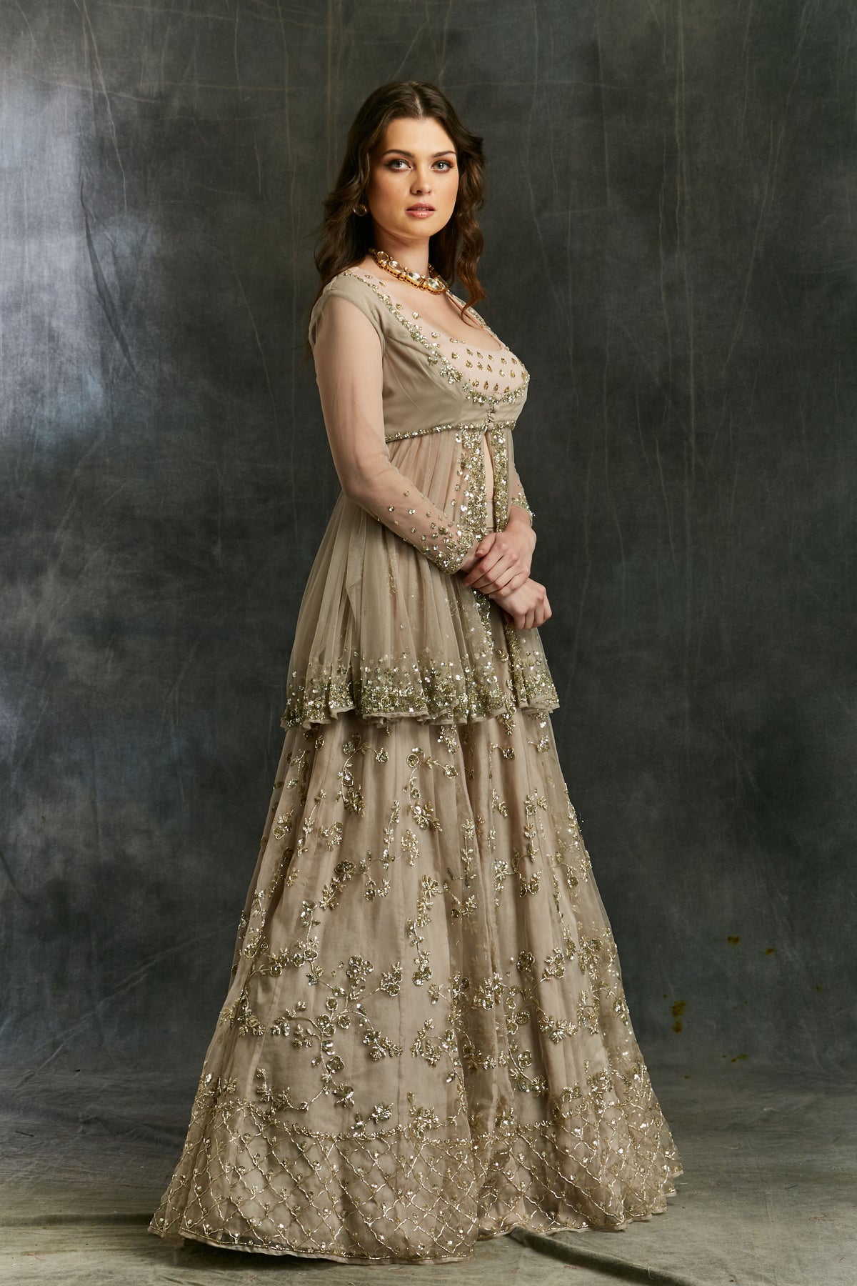 Grey Sequin Organza Lehenga With Peplum Work Blouse