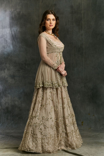Grey Sequin Organza Lehenga With Peplum Work Blouse