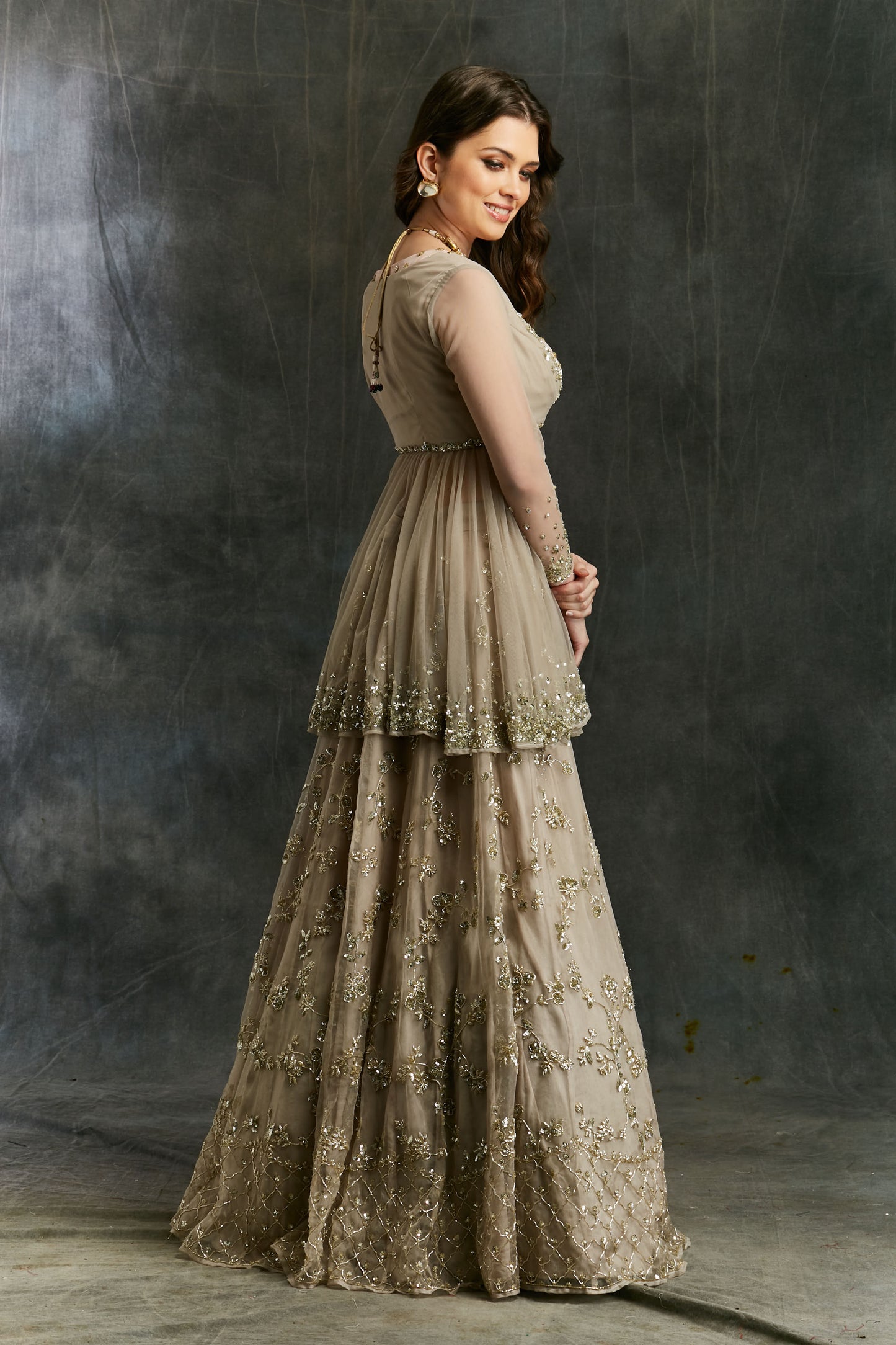 Grey Sequin Organza Lehenga With Peplum Work Blouse