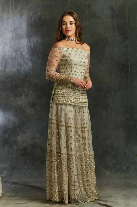 Grey Off Shoulder Kurti With Sharara Set