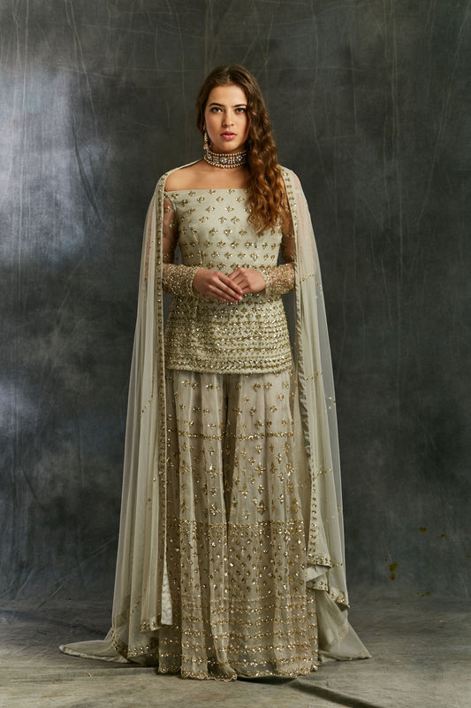 Grey Off Shoulder Kurti With Sharara Set