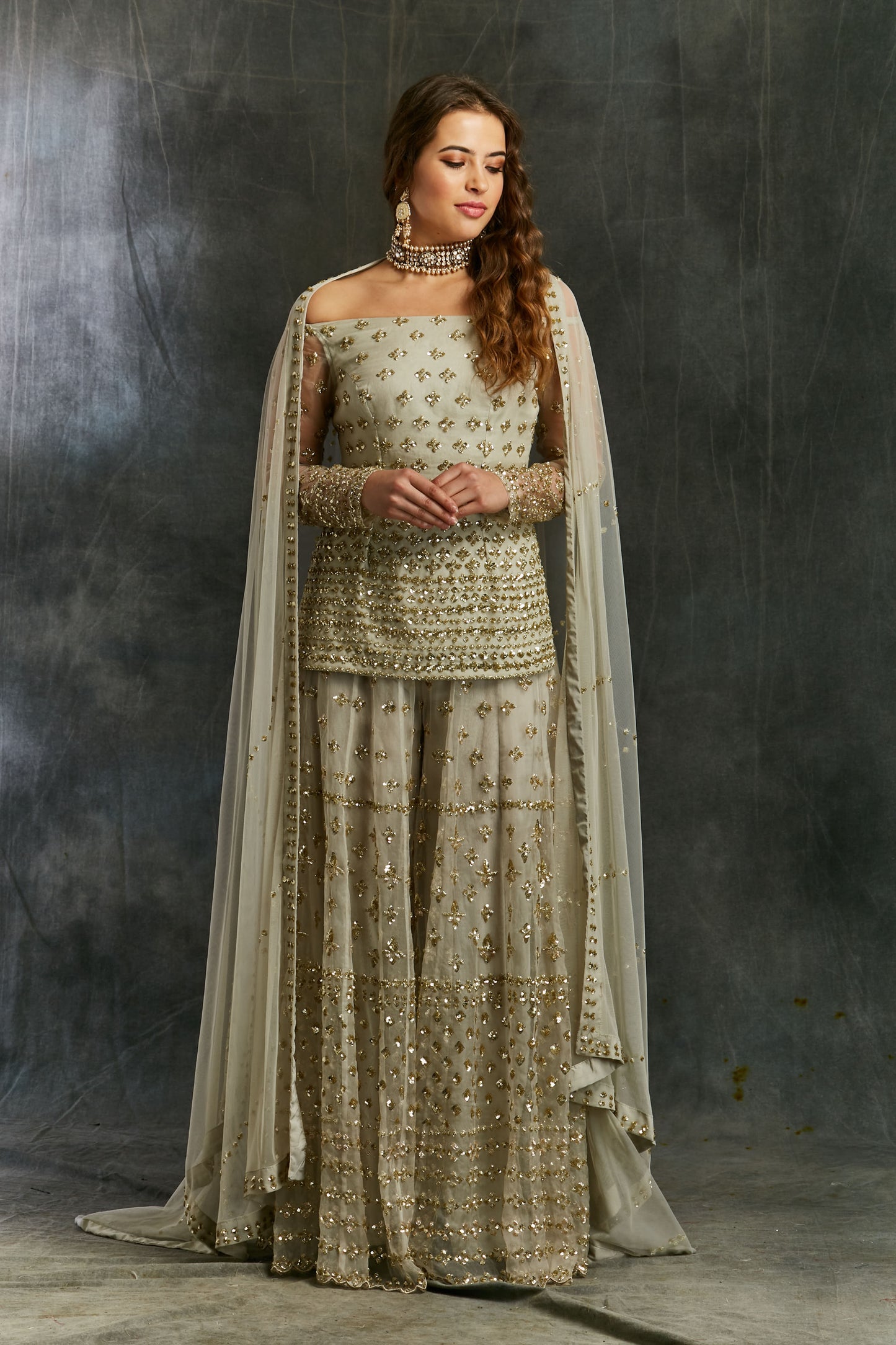 Grey Off Shoulder Kurti With Sharara Set