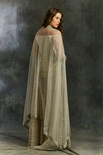Grey Off Shoulder Kurti With Sharara Set