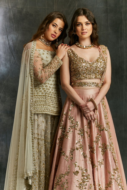 Grey Off Shoulder Kurti With Sharara Set